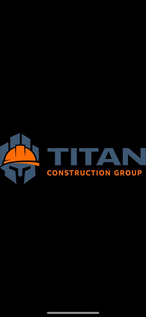 Titan Construction Group logo featuring an orange hard hat icon with blue architectural elements and company name text on black background