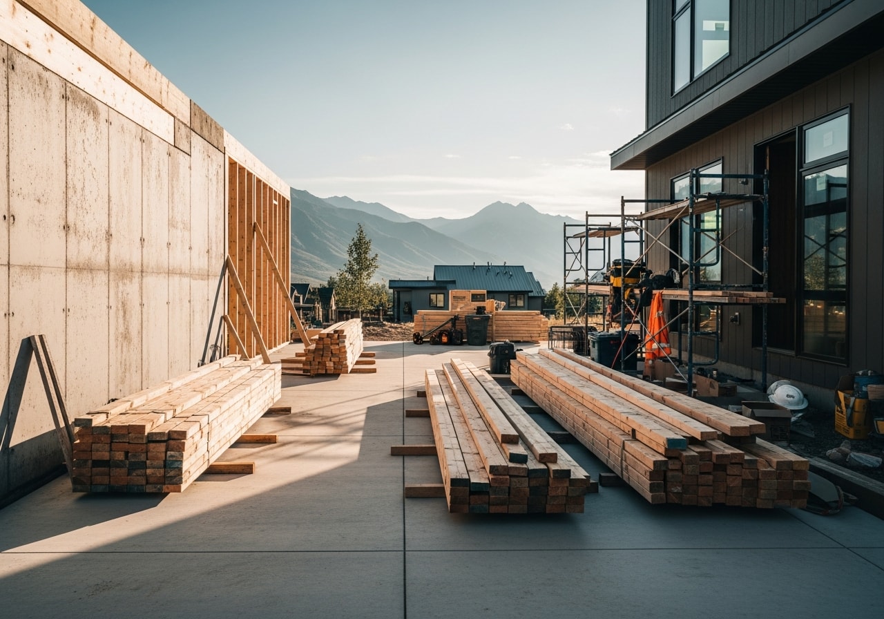 Construction crew and tools on an active residential remodeling job site, showcasing professional workmanship and equipment.