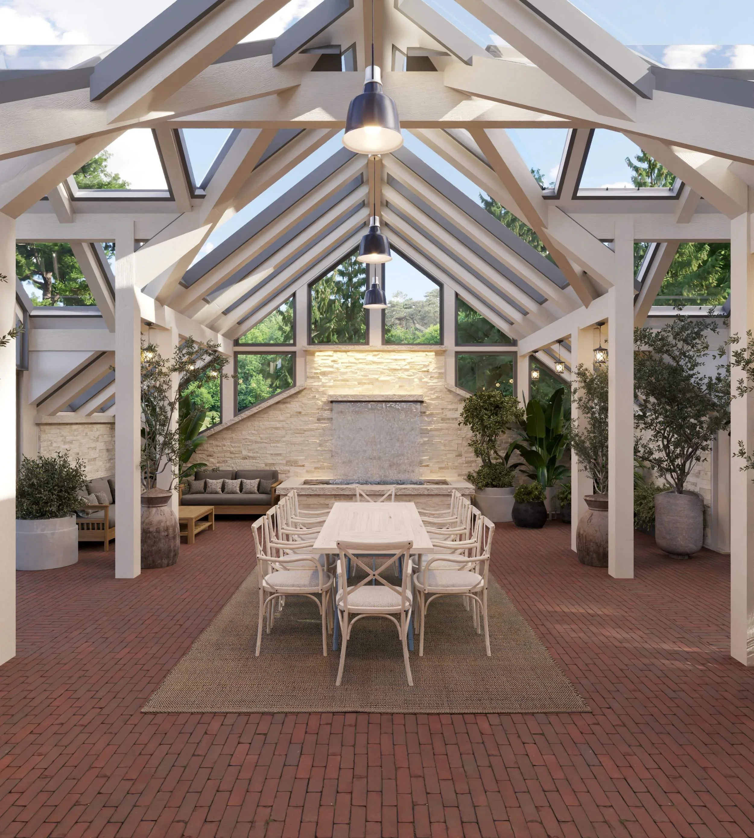 Vaulted timber frame greenhouse with skylights, brick flooring, and stone accent wall