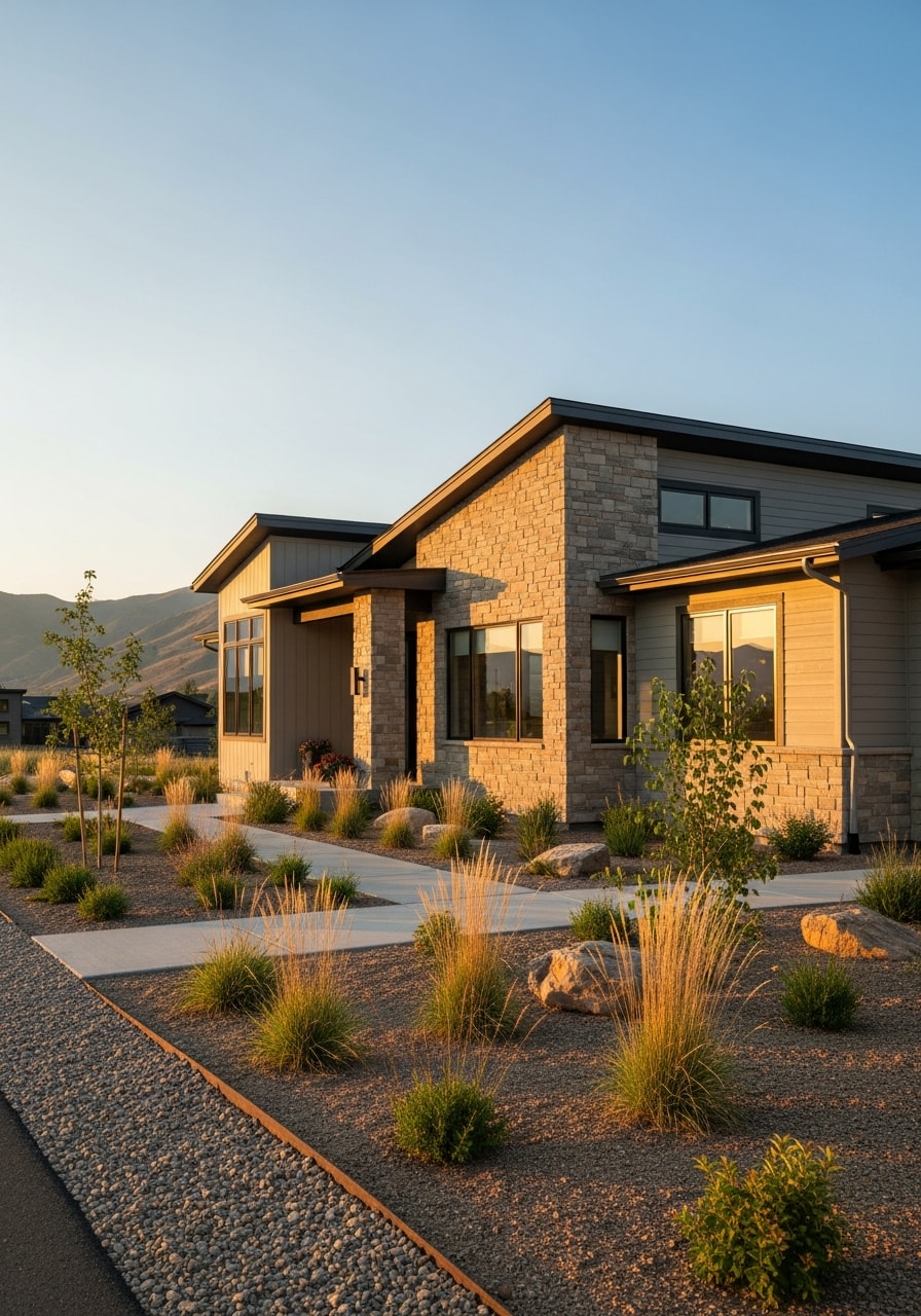 Completed home exterior in Snyderville neighborhood showing quality finishes and professional landscaping.