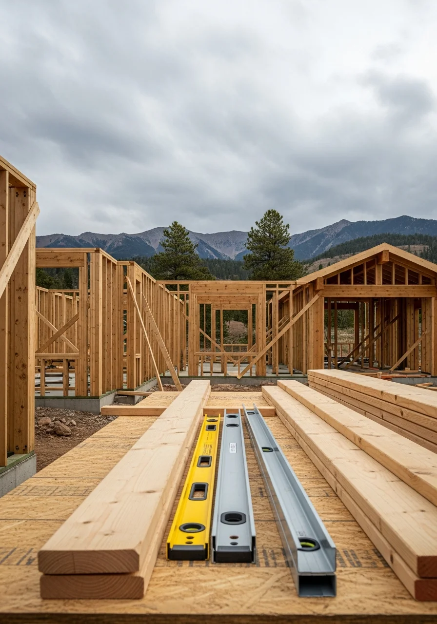 Custom home construction in Summit County with mountain backdrop and professional framing work