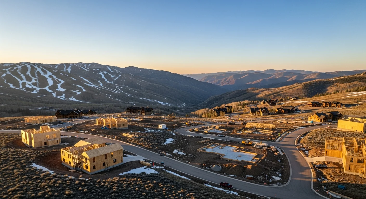 Aerial view of Summit County, Utah showing mountain peaks, Park City ski resorts, and residential development in the Wasatch Mountains