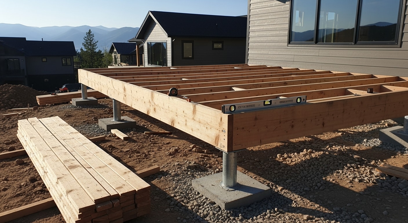 A newly built wood-framed deck addition attached to the rear of a mountain home in Park City, Utah, with open views of the surrounding hillside. The deck features a railing system and steps leading down to a graded backyard on a sloped residential lot.
