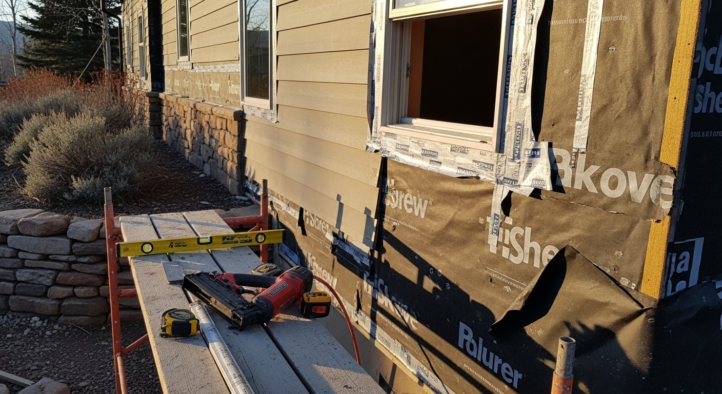 A Park City, Utah home with newly installed exterior siding showing clean panel lines and updated trim against a mountain backdrop. The finished exterior reflects a full replacement completed by Titan Construction Group.
