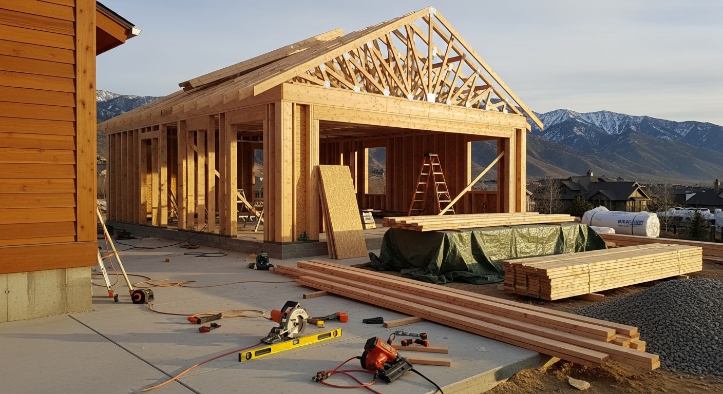 A newly completed attached garage addition on a Park City, Utah home, showing a two-car bay with a pitched snow-load roof and exterior siding matched to the existing mountain-style residence. The structure sits on a residential lot with a paved driveway approach and mountain terrain visible in the background.