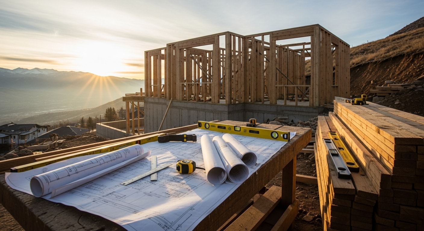 A completed mountain home construction project in Park City, Utah, showing a two-story structure with a pitched roof built to handle heavy snow loads on a sloped residential lot. A Titan Construction Group crew works on a new addition to a Park City property, with framing visible against a backdrop of the surrounding mountain terrain.