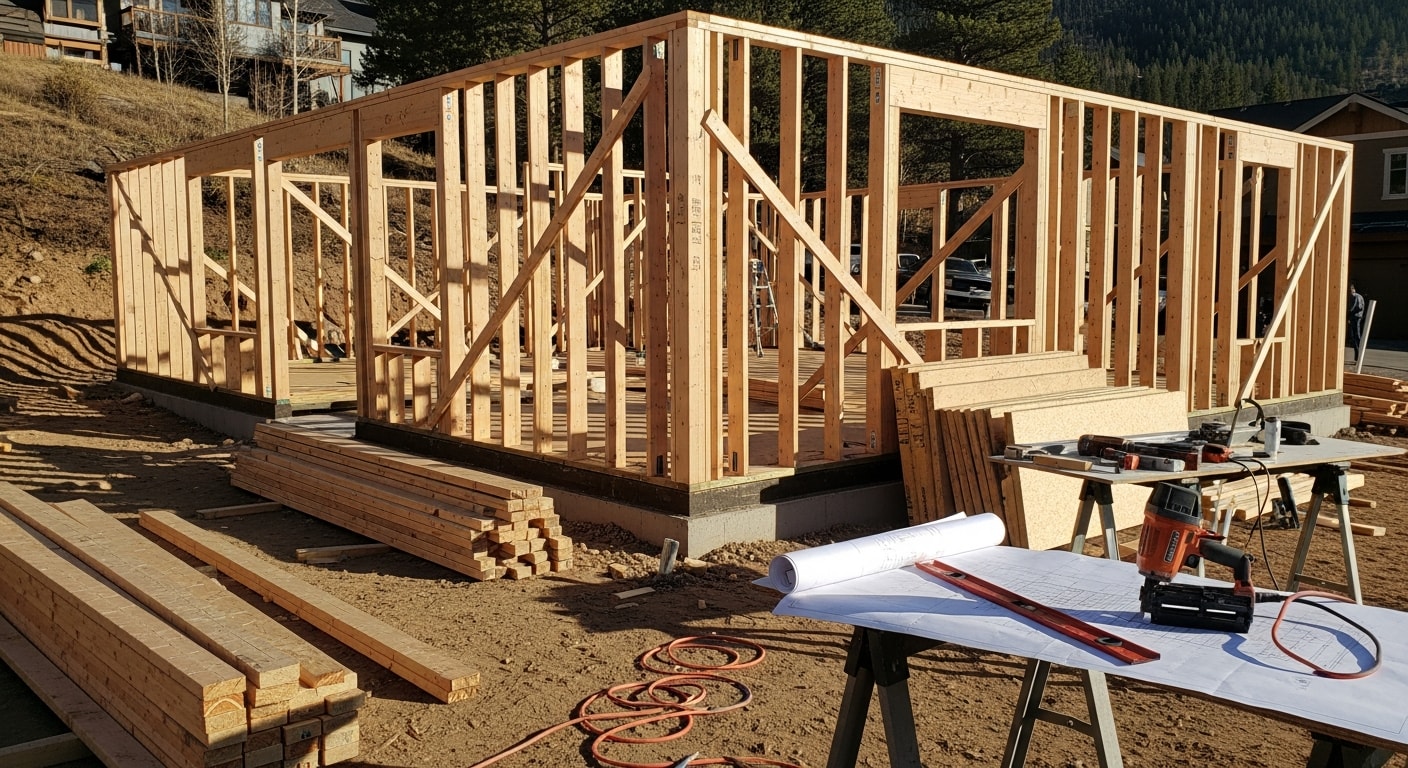 A newly completed home addition in Park City, Utah, showing a framed and finished room extension attached to an existing mountain-style residence. The addition matches the roofline and exterior siding of the original structure, with snow-capped terrain visible in the background.