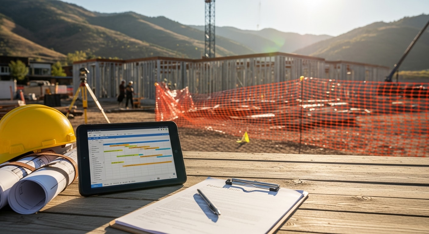 A Titan Construction Group project manager reviewing construction plans on an active job site in Park City, Utah, with mountain terrain visible in the background. The site shows coordinated trade work in progress on a residential build.
