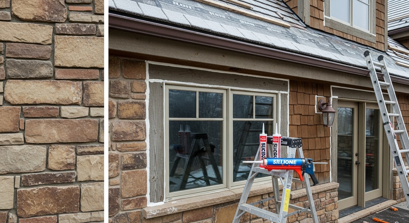 A Park City home exterior showing freshly sealed window frames, tight siding joints, and reinforced flashing along the roofline after professional weatherproofing work. Snow-dusted mountain terrain is visible in the background, reflecting the high-elevation climate the work is built to withstand.